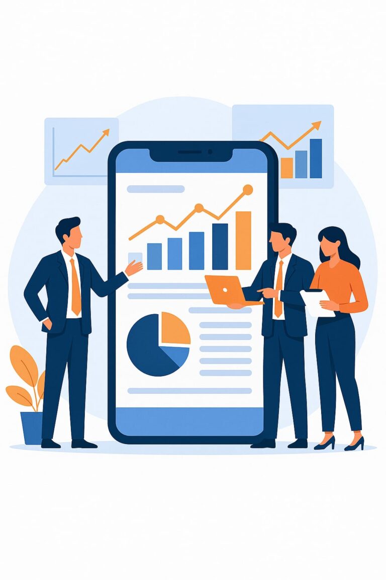 Aplicativo para empresas mostrando gráficos de crescimento